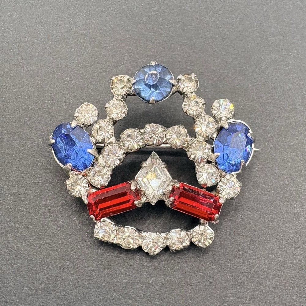 Vintage Crown Brooch Red Blue Clear Rhinestones Silver Tone Patriotic Coronation